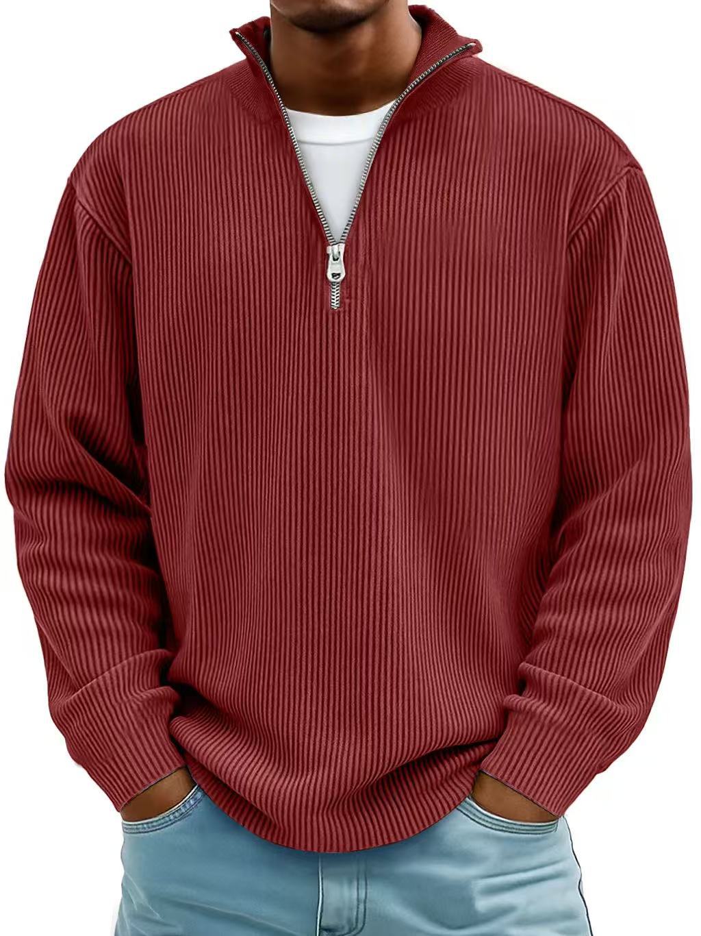 Corduroy Zipper Stand Collar Sweatshirt Fashion Warm Solid Color Long Sleeve Top Men's Casual Polo Shirt Clothing
